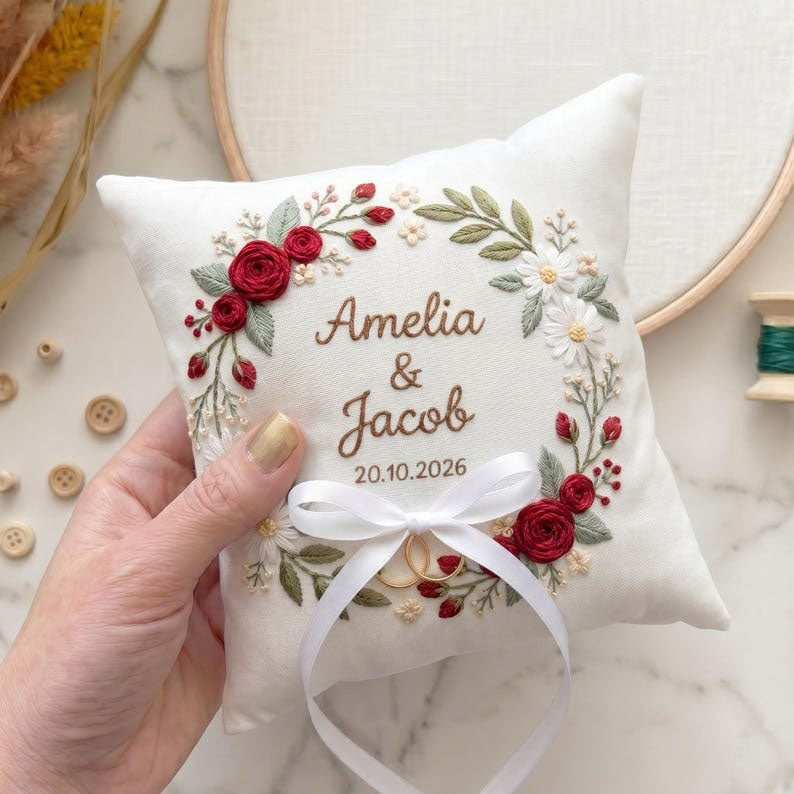 Personalized Embroidered Floral Wedding Ring Bearer Pillow, Custom Wedding Ring Pillow, Wedding Keepsake Gift WPILLOW14