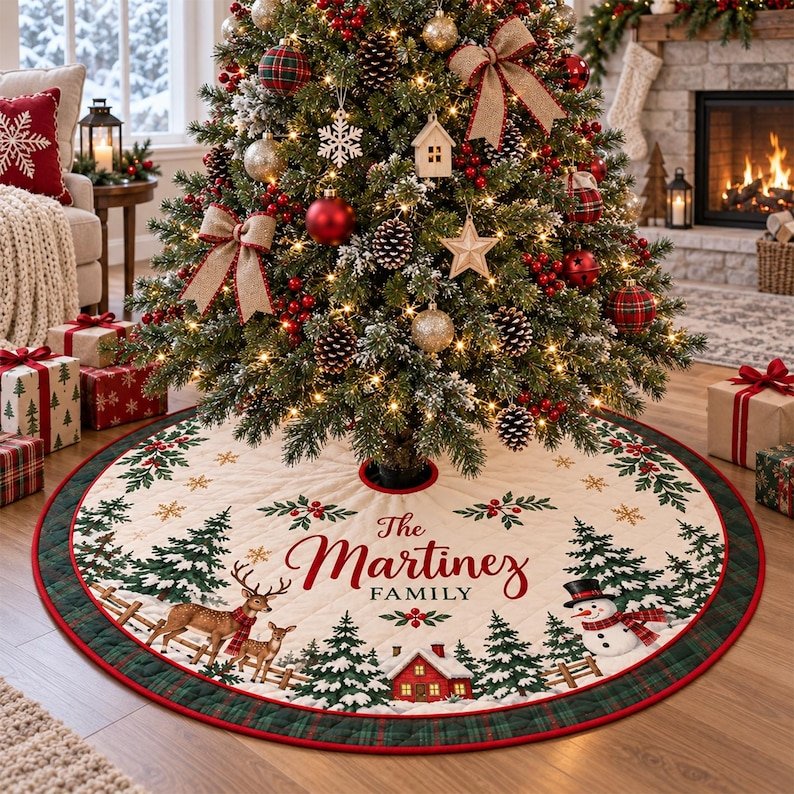 Personalized Quilted Tree Skirt, Patchwork Xmas Tree Skirt, Holiday Decor, Xmas Tree Base Cover, Custom Tree Skirt XMASTS15