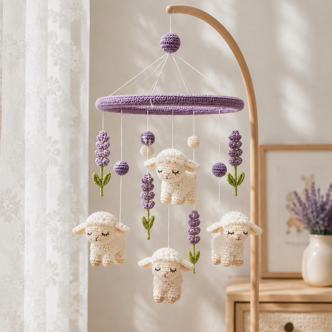 Lamb Lavender Baby Crib Mobile, Handmade Crochet Sheep Mobile, Purple Floral Nursery Decor, Farm Animal Baby Mobile, Baby Shower Gift CrochetBBM13