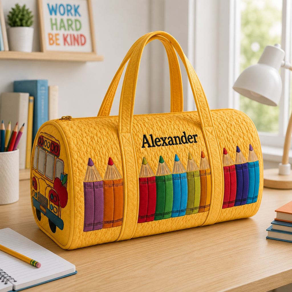 Personalized Teacher Quilted Duffle Bag, School Bus & Pencil Travel Bag, Custom Teacher Weekender, Back to School Gift DFB37