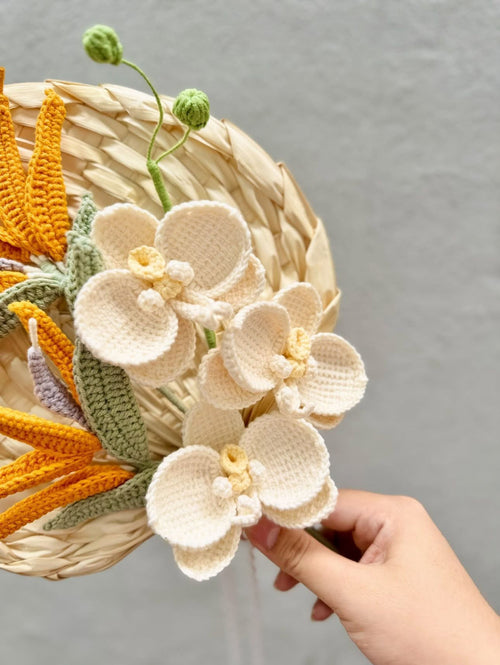 Crochet Orchid and Bird of Paradise Bouquet, Handmade White Orchid Wedding Flowers, Tropical Bridal Bouquet, Everlasting Flower Gift WEDDINGF02