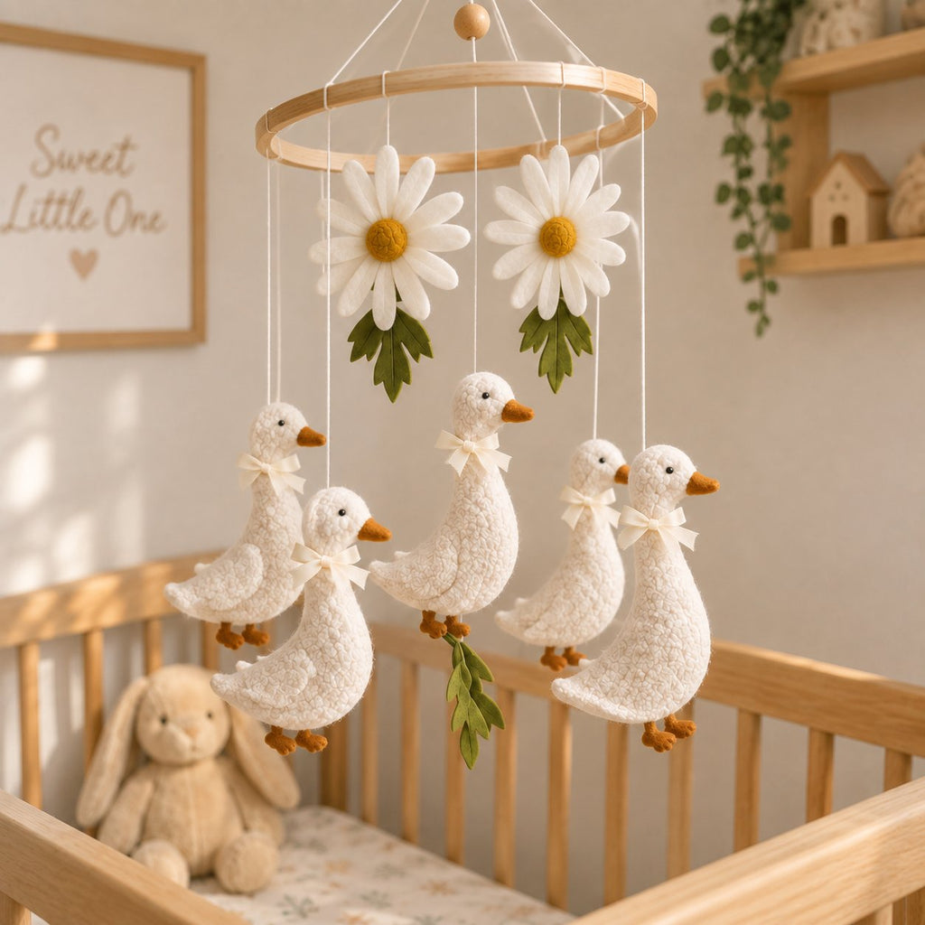 Goose Baby Mobile, Handmade Felt Crib Mobile with White Ducks and Daisy Flowers, Farmhouse Nursery Decor, Baby Room Hanging Gift BBMB32
