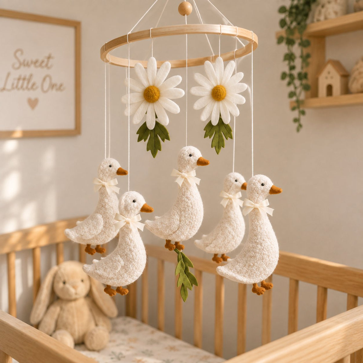 Goose Baby Mobile, Handmade Felt Crib Mobile with White Ducks and Daisy Flowers, Farmhouse Nursery Decor, Baby Room Hanging Gift BBMB32