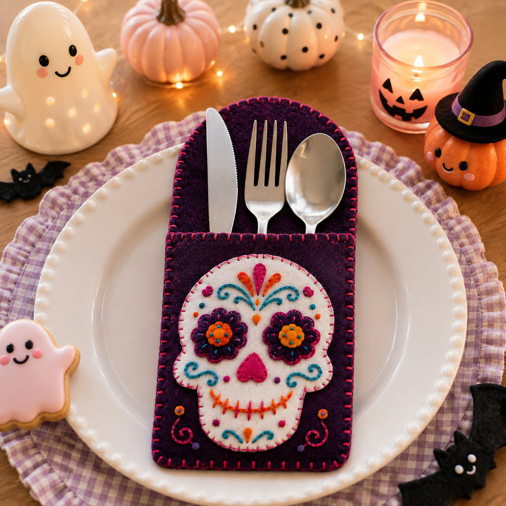 Sugar Skull Felt Silverware Holder, Day of the Dead Cutlery Pocket, Halloween Table Decor, Dia de los Muertos Place Setting FELTCH15