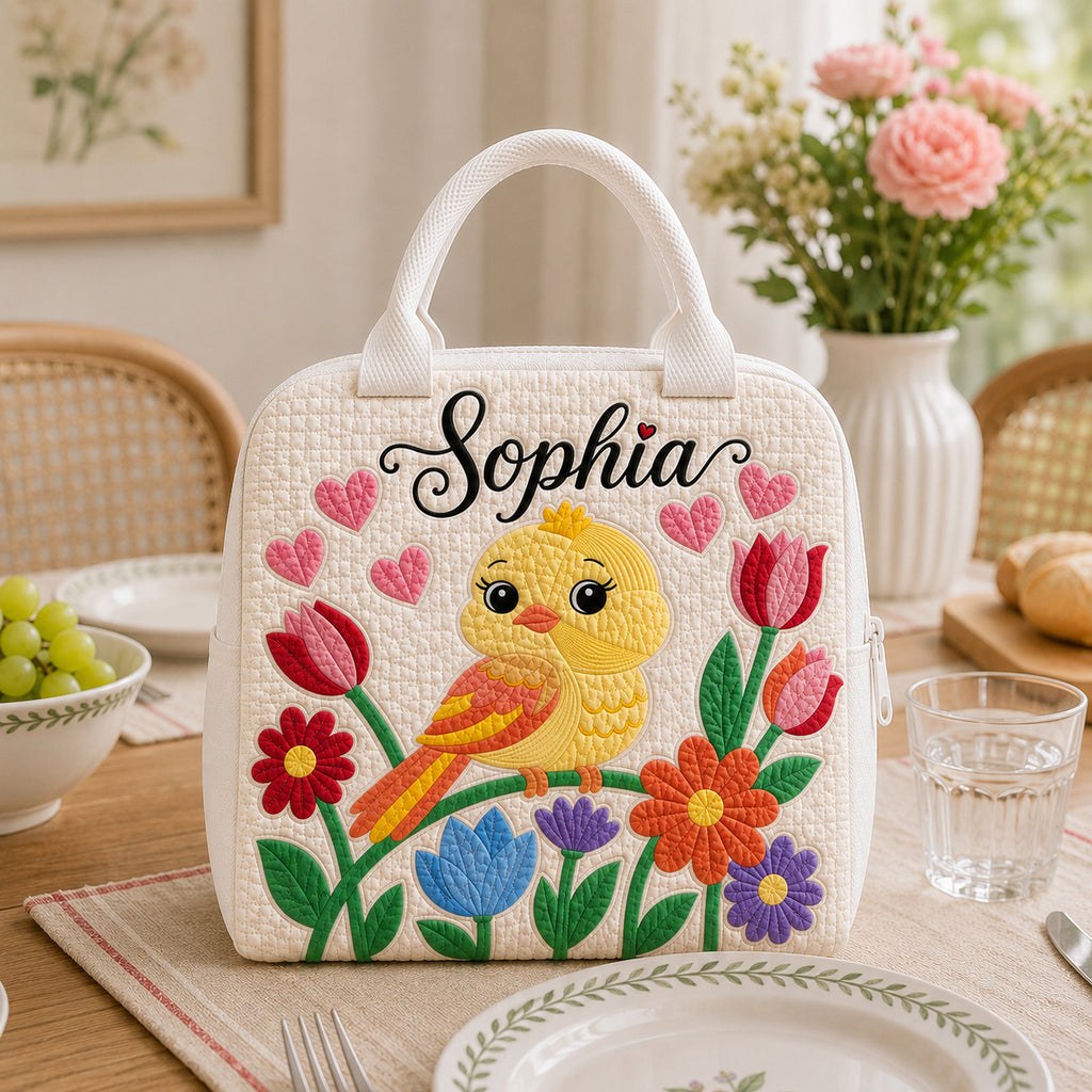 Bird Floral Quilted Lunch Bag, Insulated Quilted Lunch Tote, Bird Lunch Bag, Custom Kid Lunch Bag, Back To School Bag, Picnic Bag, Reusable Lunch Tote QLB15