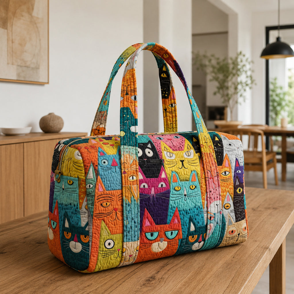 Colorful Cat Quilted Duffle Bag, Cat  Pattern Duffle Bag, Overnight Bag, Quilted Travel Bag, Quilted Weekend Bag, Custom Bag Gift DFB12