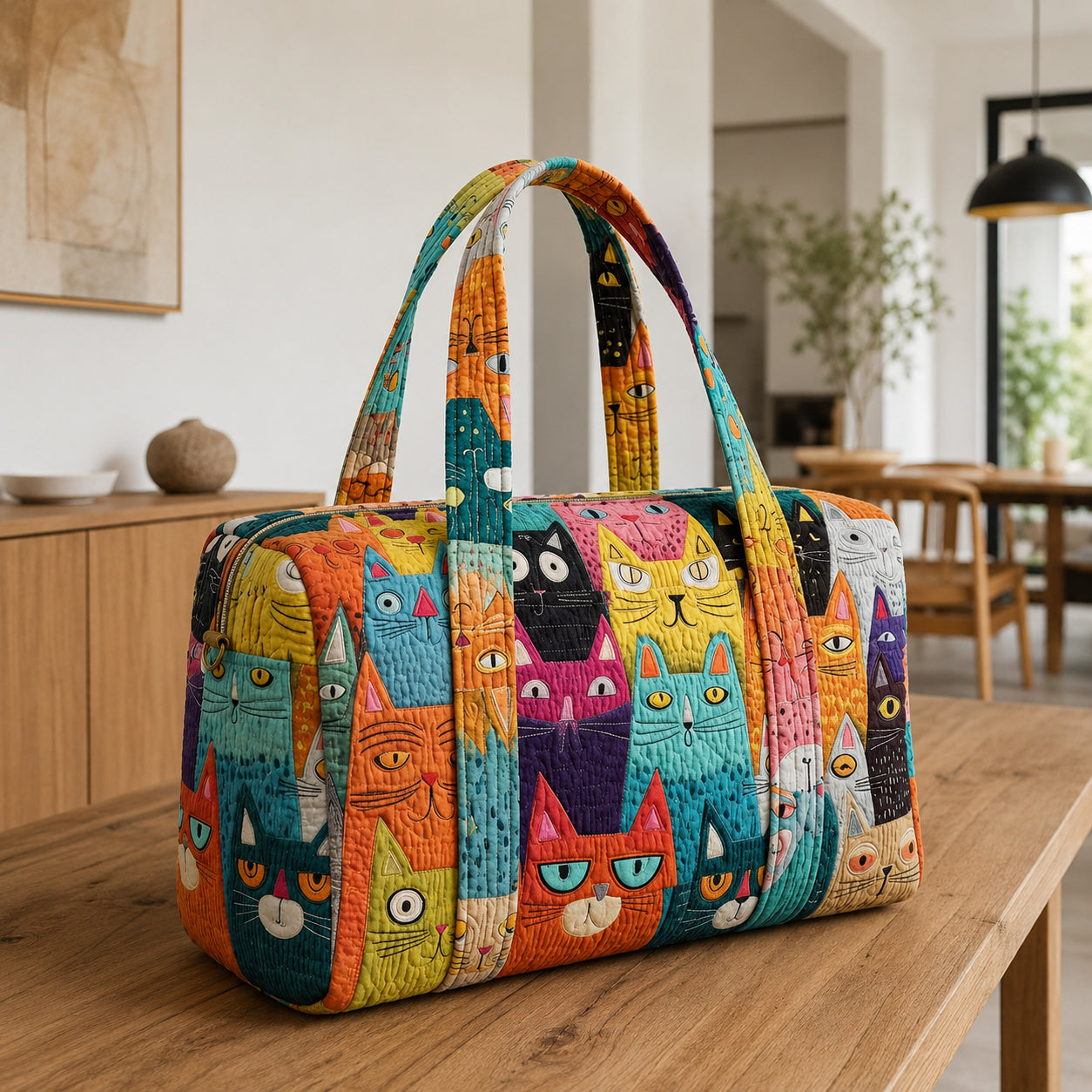 Colorful Cat Quilted Duffle Bag, Cat  Pattern Duffle Bag, Overnight Bag, Quilted Travel Bag, Quilted Weekend Bag, Custom Bag Gift DFB12