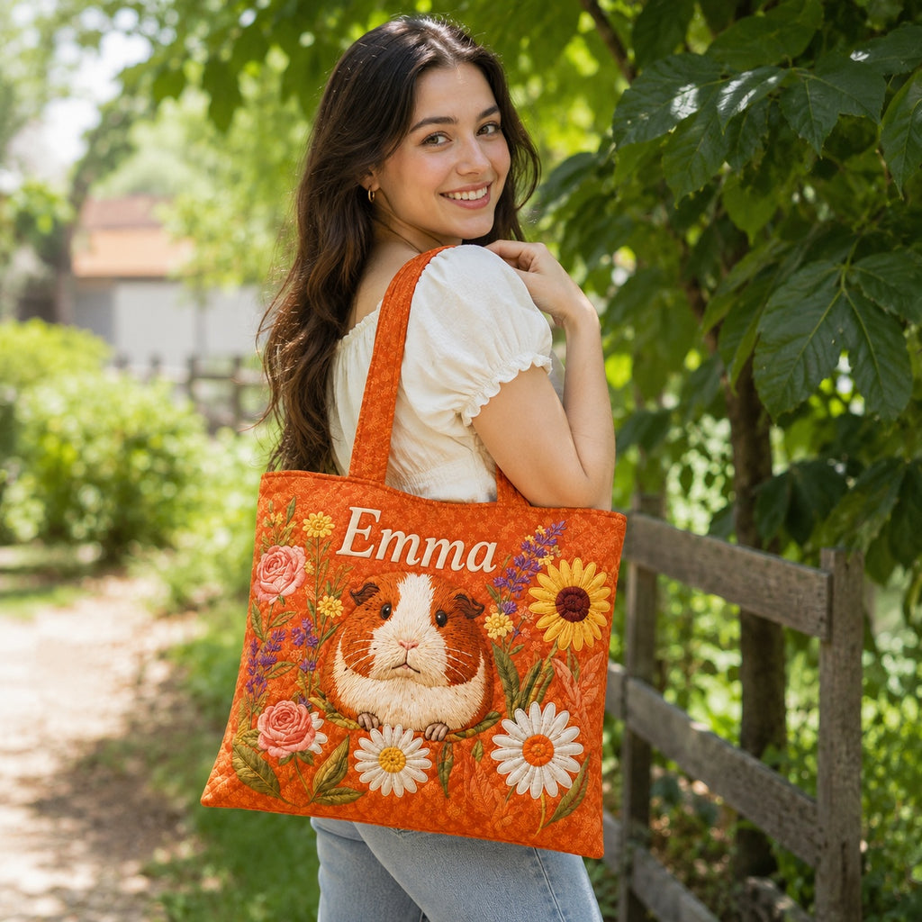Cute Guinea Pig Pattern Quilted Tote Bag, Pet Floral Shoulder Bag, Animal Art Tote, Fabric Tote Bag, Gift Bag QTOTE39