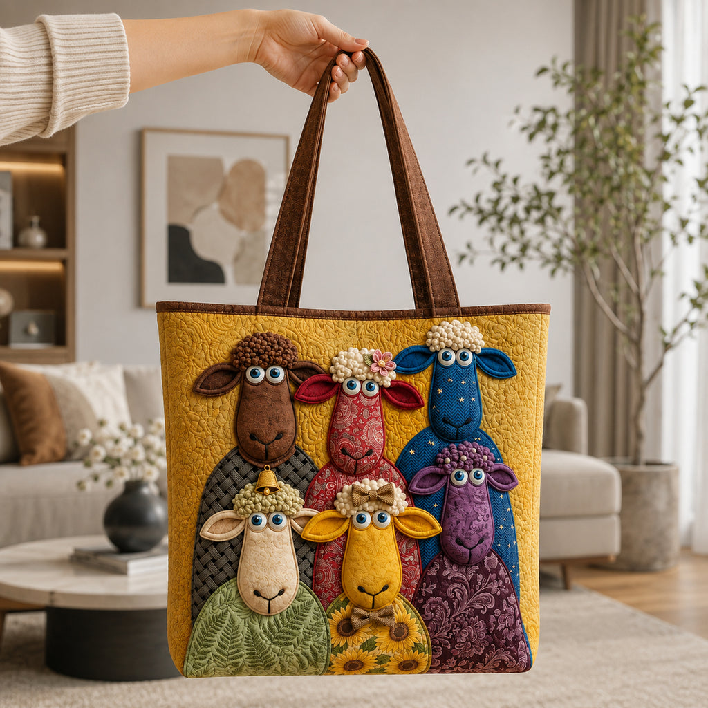 Colorful Sheep Quilted Tote Bag, Sheep Tote Bag, Quilted Shoulder Bag, Quilted Book Bag, Fabric Bag QTOTE66
