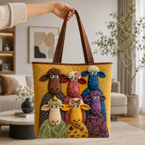Colorful Sheep Quilted Tote Bag, Sheep Tote Bag, Quilted Shoulder Bag, Quilted Book Bag, Fabric Bag QTOTE66