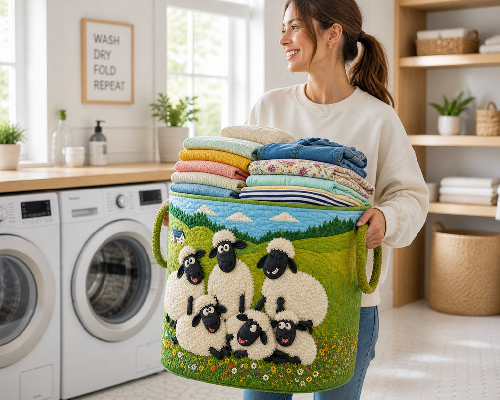 Funny Family Sheep Pattern Quilted Laundry Basket, Cute Sheep Storage Hamper, Custom Name Quilted Basket, Laundry Room Decor, Family Basket, Fabric Clothes Basket QBK83