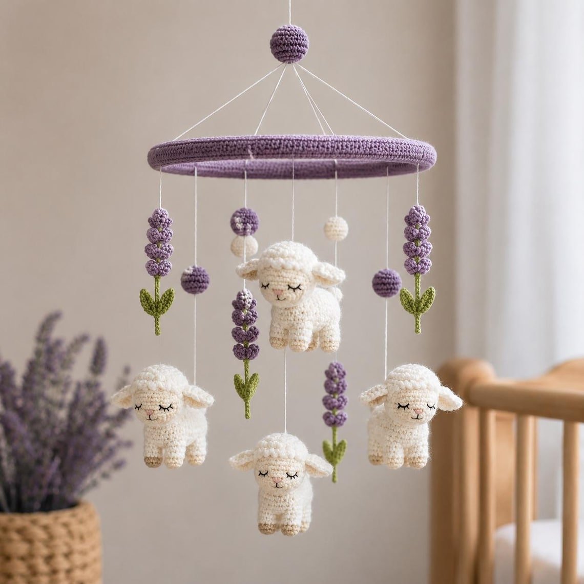Lamb Lavender Baby Crib Mobile, Handmade Crochet Sheep Mobile, Purple Floral Nursery Decor, Farm Animal Baby Mobile, Baby Shower Gift CrochetBBM13