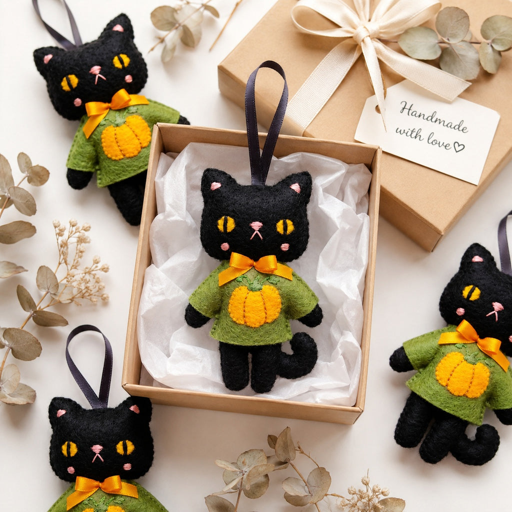 Halloween Black Cat Pumpkin Felt Ornament, Embroidery Cat Felt Ornament, Hanging Decor, Halloween Gift for Home Decoration HFOR16