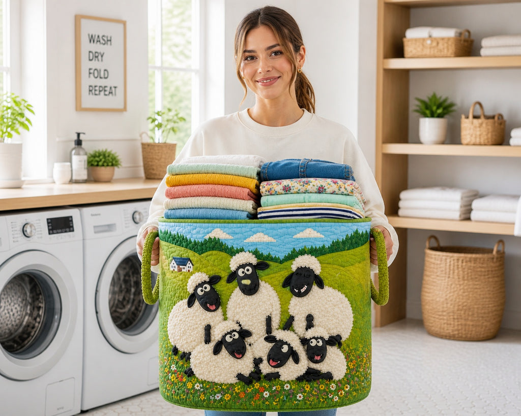 Funny Family Sheep Pattern Quilted Laundry Basket, Cute Sheep Storage Hamper, Custom Name Quilted Basket, Laundry Room Decor, Family Basket, Fabric Clothes Basket QBK83