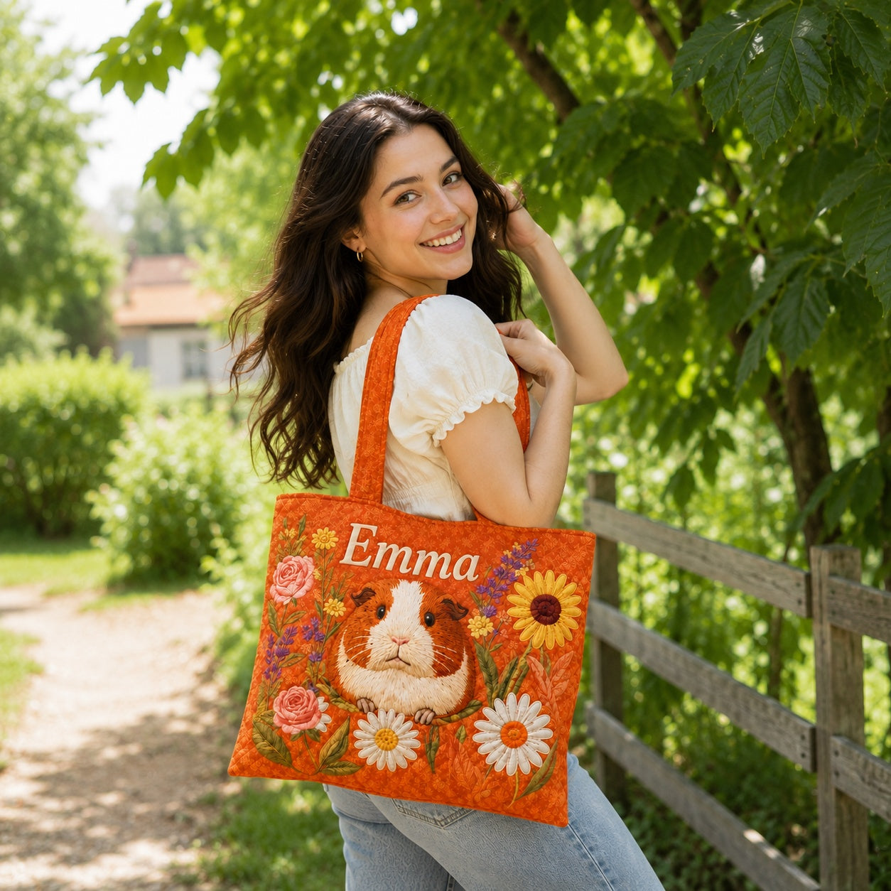Cute Guinea Pig Pattern Quilted Tote Bag, Pet Floral Shoulder Bag, Animal Art Tote, Fabric Tote Bag, Gift Bag QTOTE39