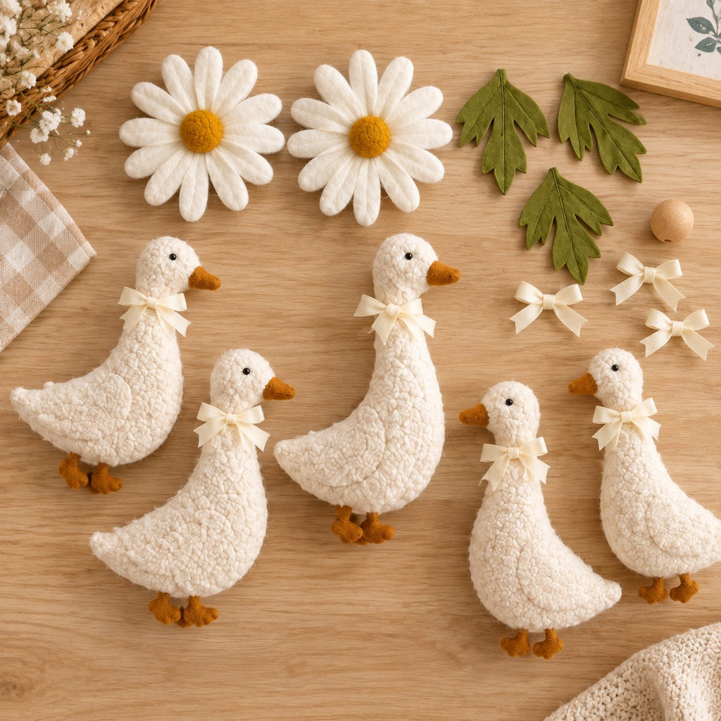 Goose Baby Mobile, Handmade Felt Crib Mobile with White Ducks and Daisy Flowers, Farmhouse Nursery Decor, Baby Room Hanging Gift BBMB32