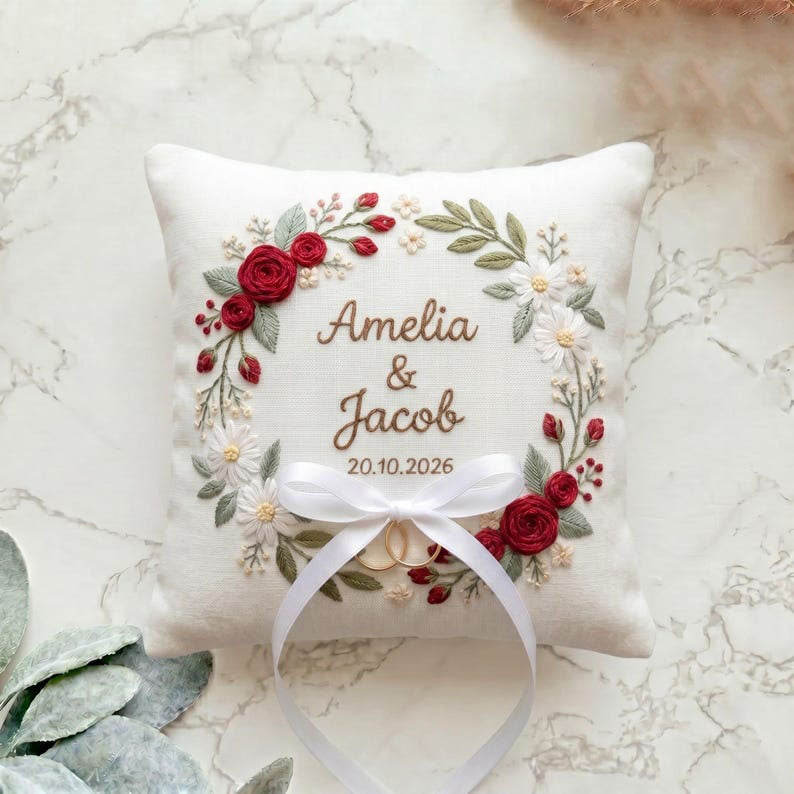 Personalized Embroidered Floral Wedding Ring Bearer Pillow, Custom Wedding Ring Pillow, Wedding Keepsake Gift WPILLOW14