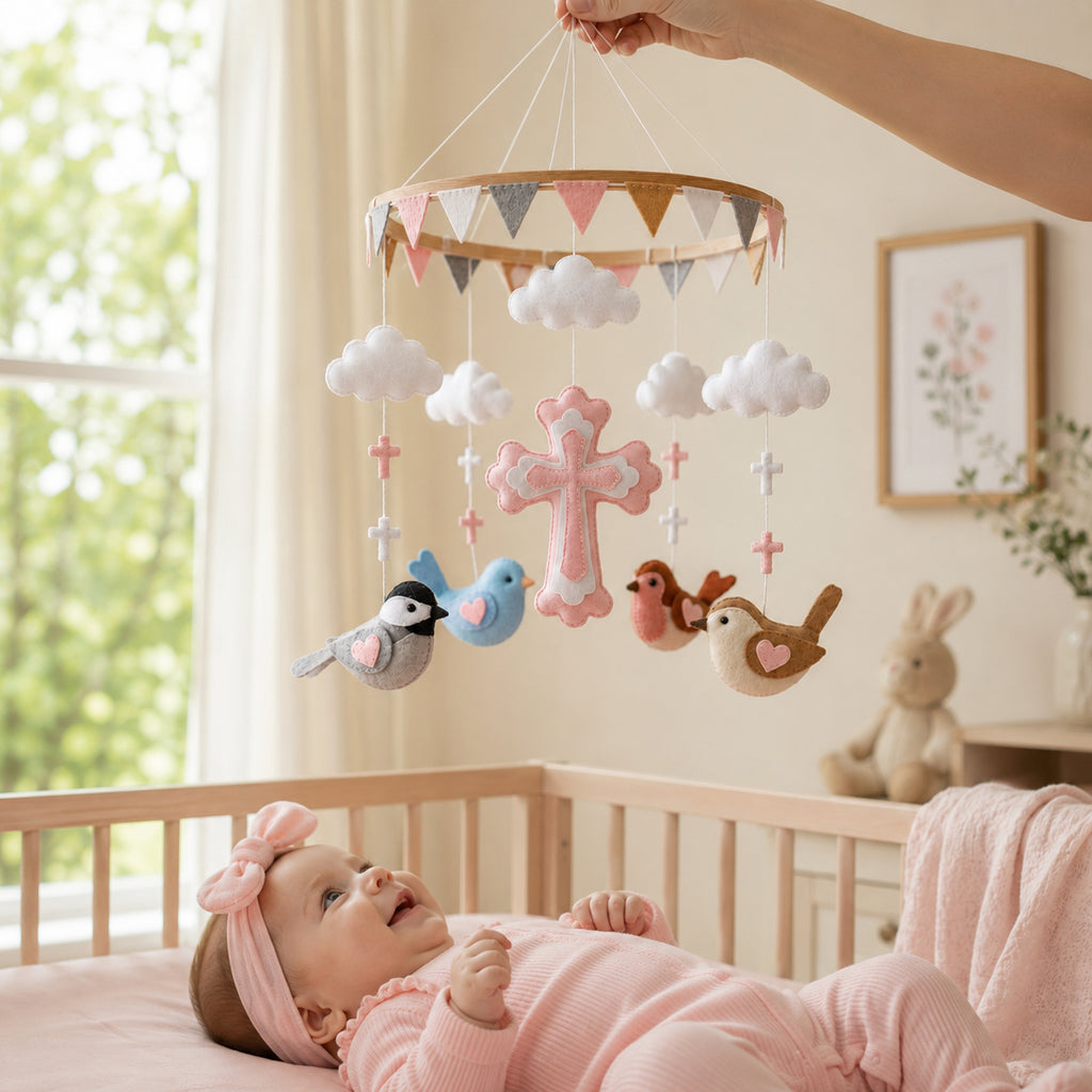 Personalized Pink Christian Cross Felt Baby Mobile, Handmade Bird Nursery Crib Mobile, Baptism Gift and Baby Girl Room Decor BBMB15