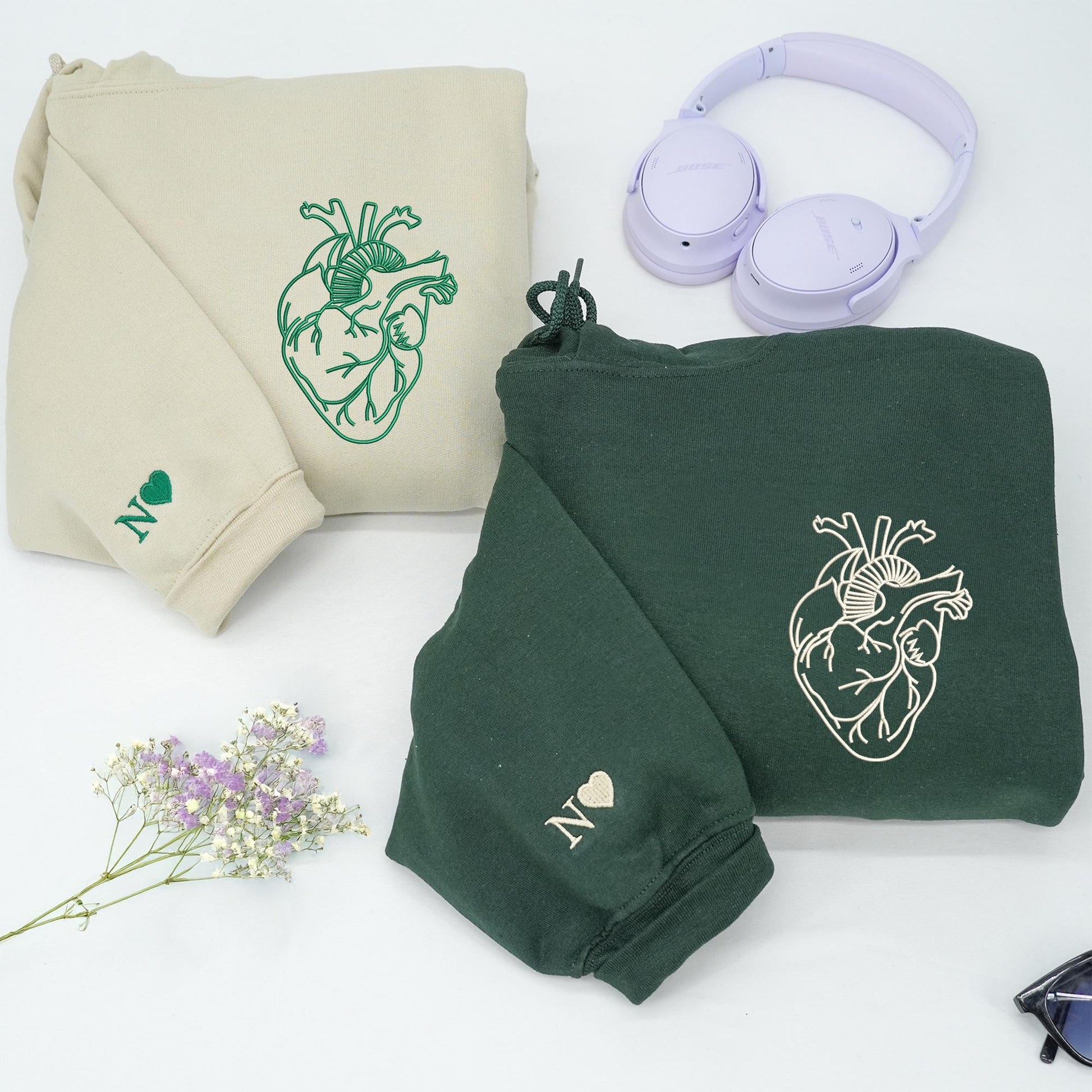 Embroidered Anatomical For Couple, Heart Hoodies Matching Hoodies For Couple, Personalized Initials On Sleeve, Anniversary Gifts For Couples