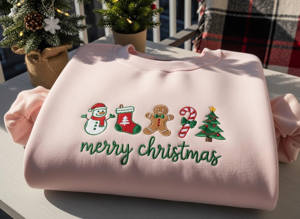 Merry Christmas Embroidered Sweatshirt, Gingerbread Candy Cane Tree Sweater, Festive Winter Gift for Women, Xmas Gift