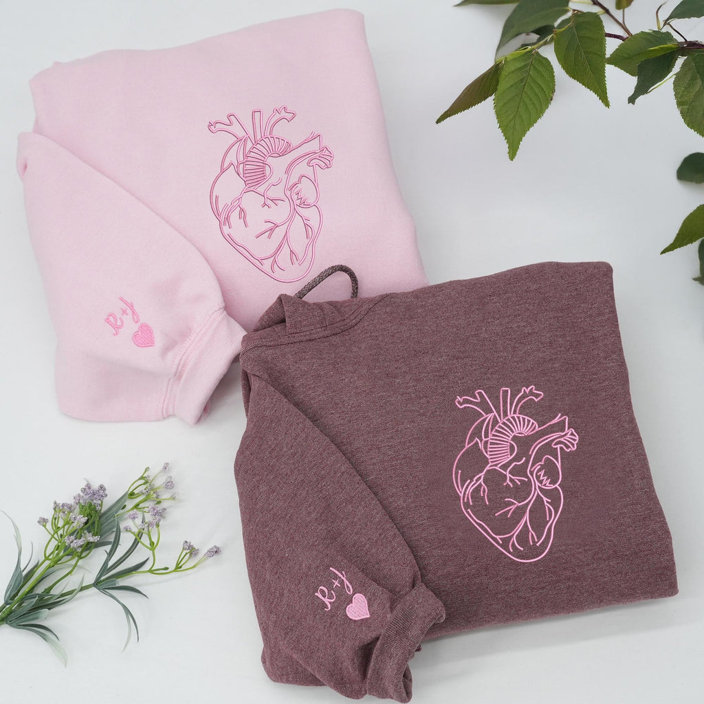 Embroidered Anatomical For Couple, Heart Hoodies Matching Hoodies For Couple, Personalized Initials On Sleeve, Anniversary Gifts For Couples