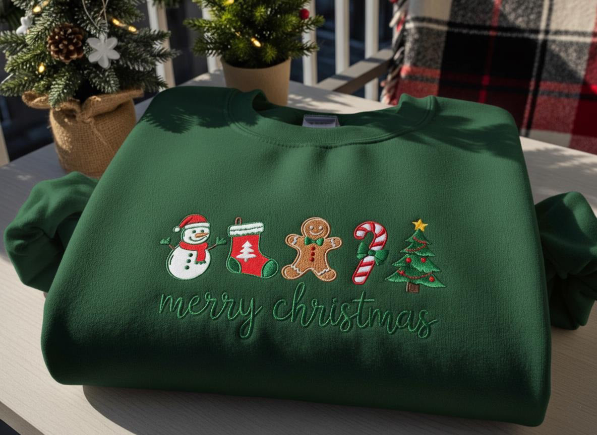 Merry Christmas Embroidered Sweatshirt, Gingerbread Candy Cane Tree Sweater, Festive Winter Gift for Women, Xmas Gift