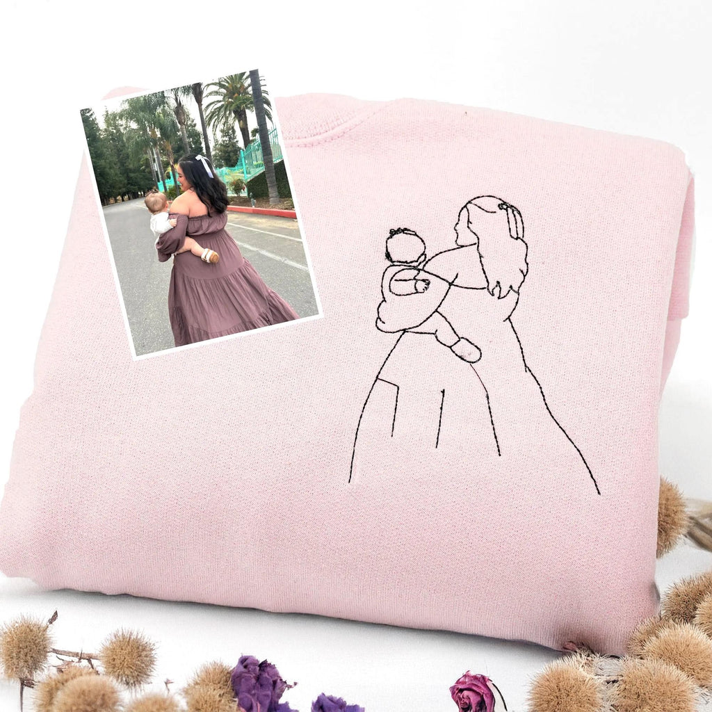 Custom Mom & Baby Outline Sweatshirt, Personalized Embroidered Portrait Sweater, New Mom Gift, Minimal Line Art Shirt, Baby Shower Gift