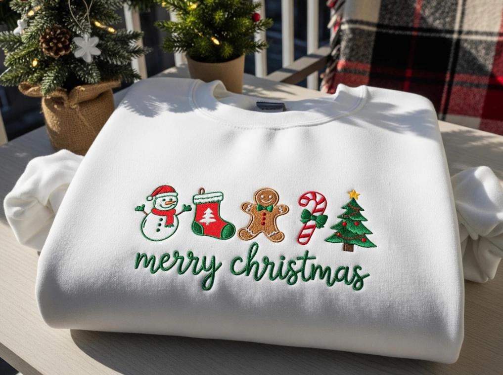 Merry Christmas Embroidered Sweatshirt, Gingerbread Candy Cane Tree Sweater, Festive Winter Gift for Women, Xmas Gift