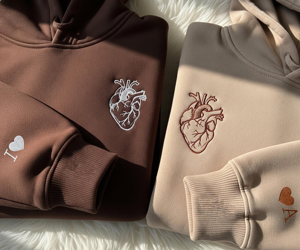 Embroidered Anatomical For Couple, Heart Hoodies Matching Hoodies For Couple, Personalized Initials On Sleeve, Anniversary Gifts For Couples