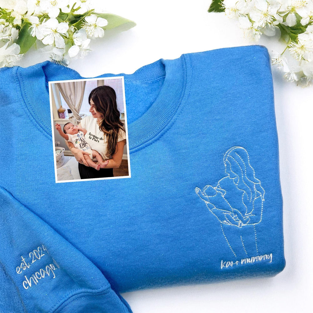 Custom Mom & Baby Outline Sweatshirt, Personalized Embroidered Portrait Sweater, New Mom Gift, Minimal Line Art Shirt, Baby Shower Gift