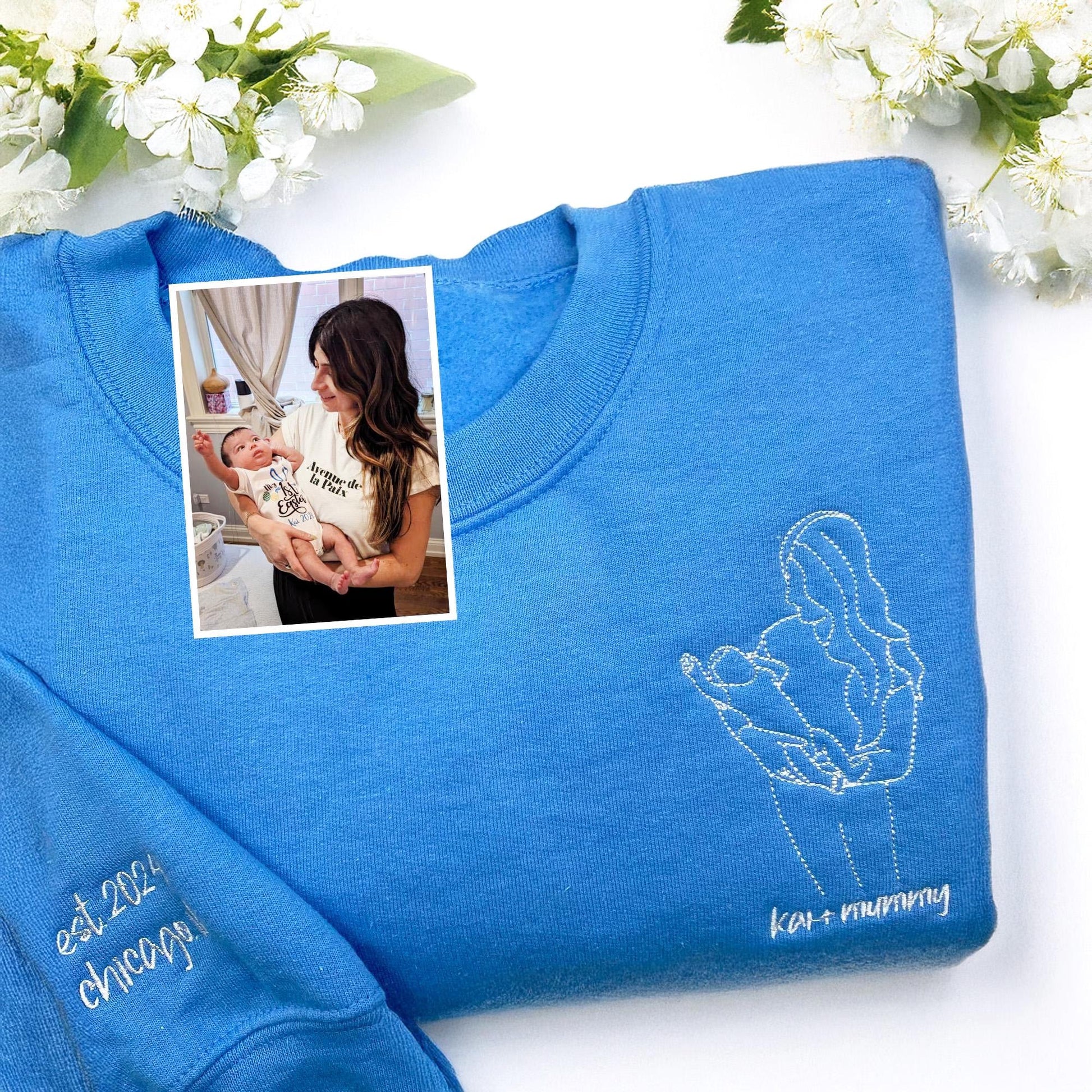 Custom Mom & Baby Outline Sweatshirt, Personalized Embroidered Portrait Sweater, New Mom Gift, Minimal Line Art Shirt, Baby Shower Gift