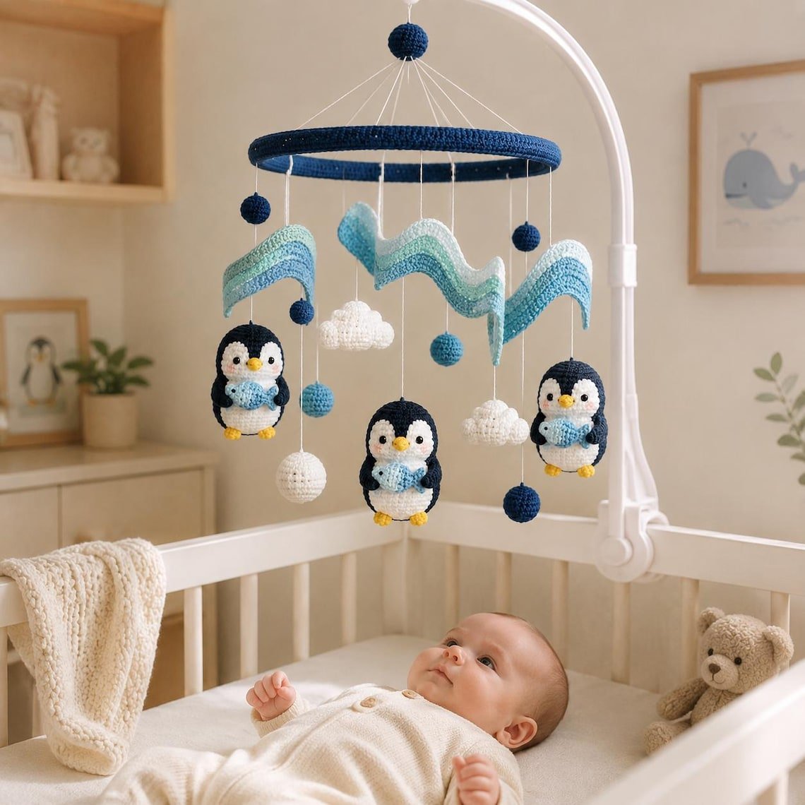 Penguin Ocean Baby Crib Mobile, Handmade Crochet Penguin Mobile, Wave Fish Nursery Decor, Blue Baby Crib Mobile, Baby Shower Gift CrochetBBM14