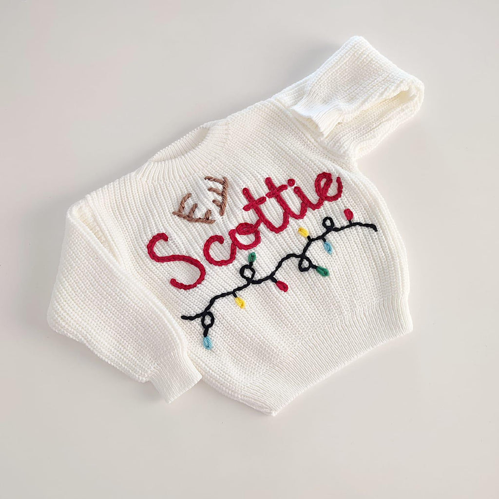 Hand Embroidered Name Sweater, Custom Knit Baby Outfit, First Birthday Gift