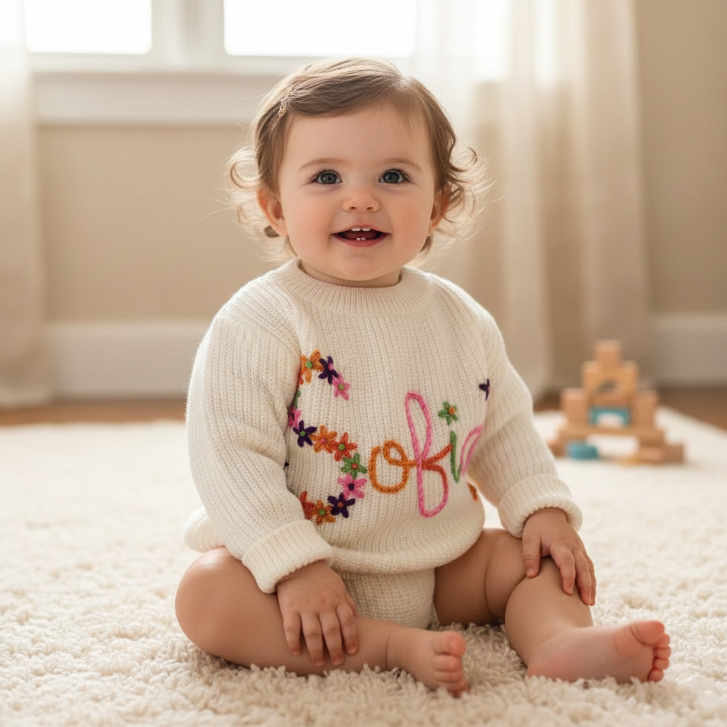 Hand Embroidered Name Sweater, Custom Knit Baby Outfit, First Birthday Gift