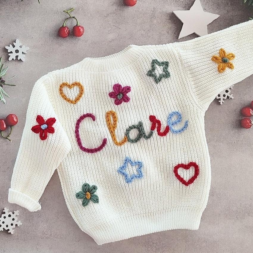 Hand Embroidered Name Sweater, Custom Knit Baby Outfit, First Birthday Gift