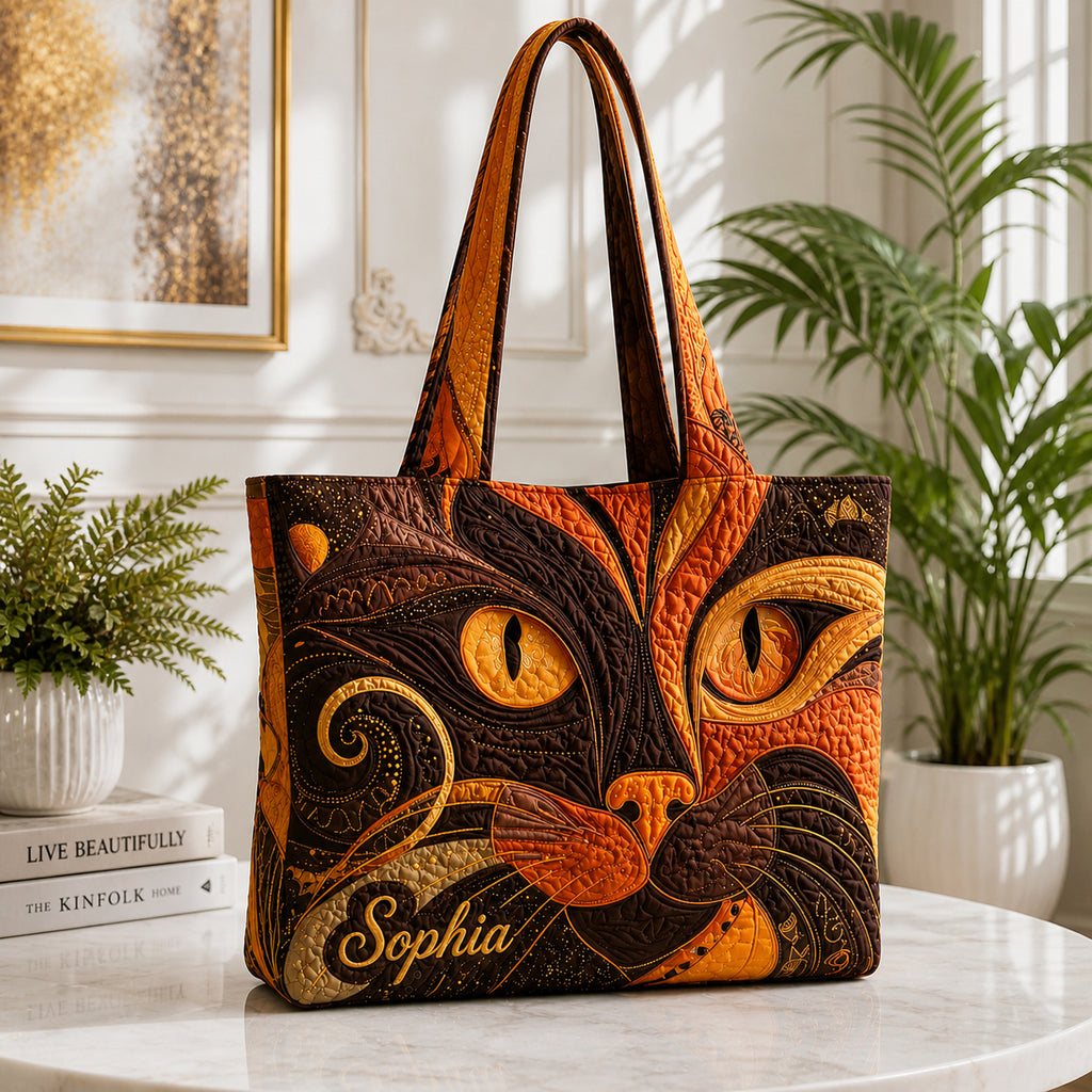 Cat Art Quilted Tote Bag, Cat Tote Bag, Quilted Shoulder Bag, Quilted Book Bag, Fabric Bag QTOTE67