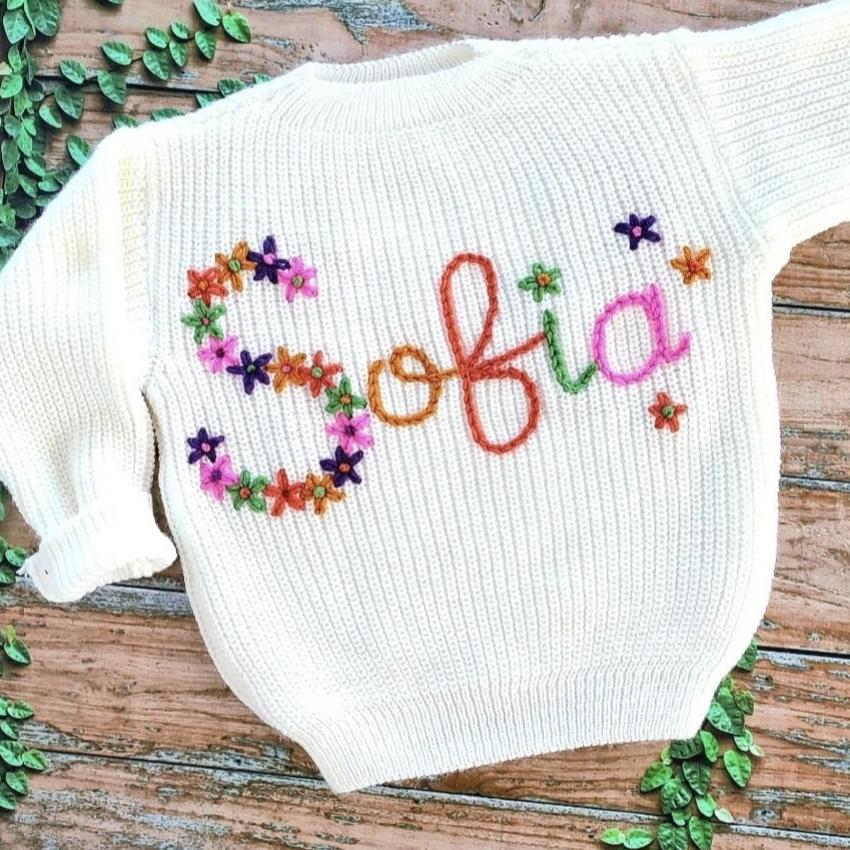 Hand Embroidered Name Sweater, Custom Knit Baby Outfit, First Birthday Gift