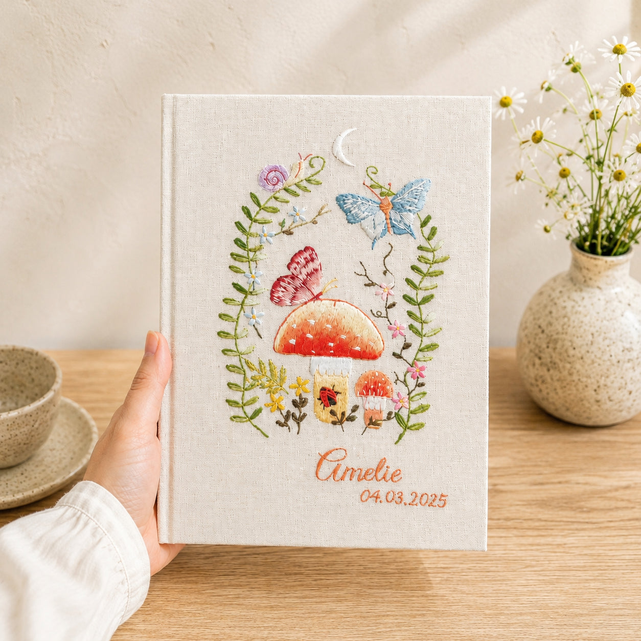 Personalized Hand Embroidered Mushroom Journal, Custom Floral Notebook, Woodland Butterfly Diary, Linen Fabric Hard Cover Notebook, Special Custom Handmade Gift and Keepsakes ENB11