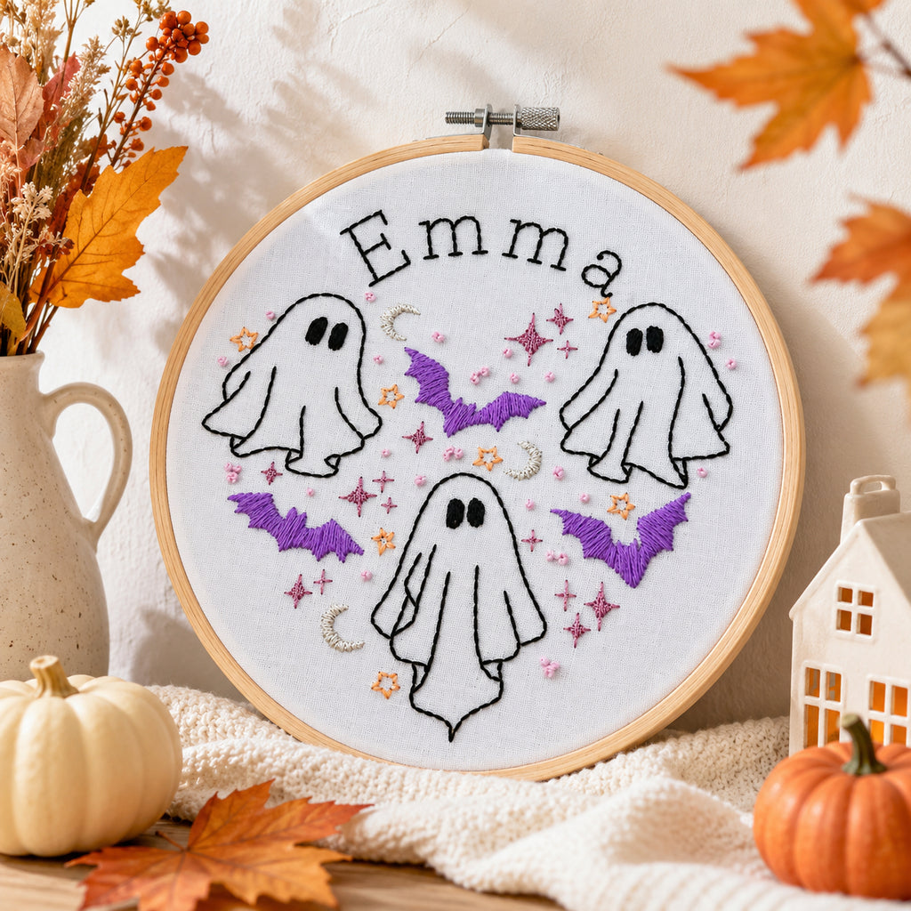 Personalized Ghost hand-Embroidery Hoop Art, Custom Halloween Name Decor, Cute Spooky Wall Hanging, Handmade Fall Embroidery Gift HOOP17