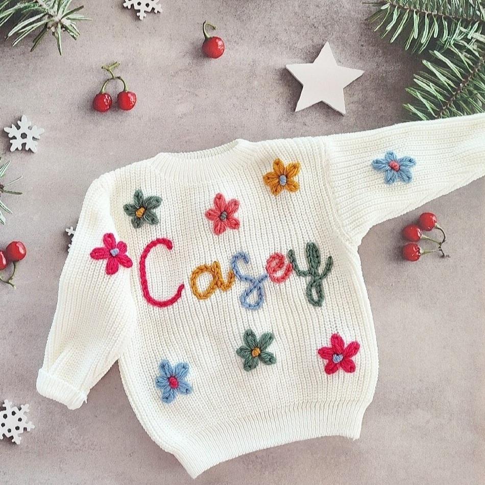 Hand Embroidered Name Sweater, Custom Knit Baby Outfit, First Birthday Gift