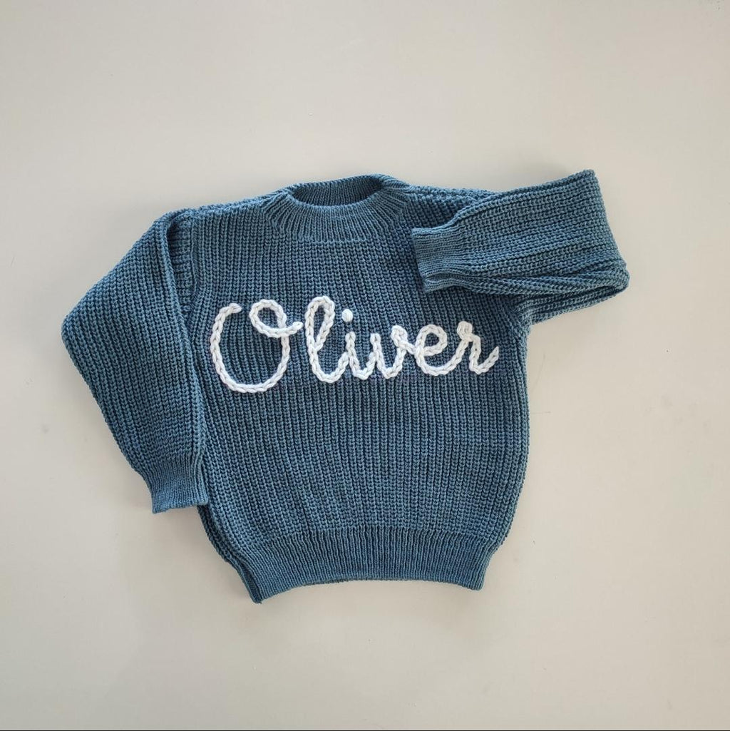 Hand Embroidered Name Sweater, Custom Knit Baby Outfit, First Birthday Gift
