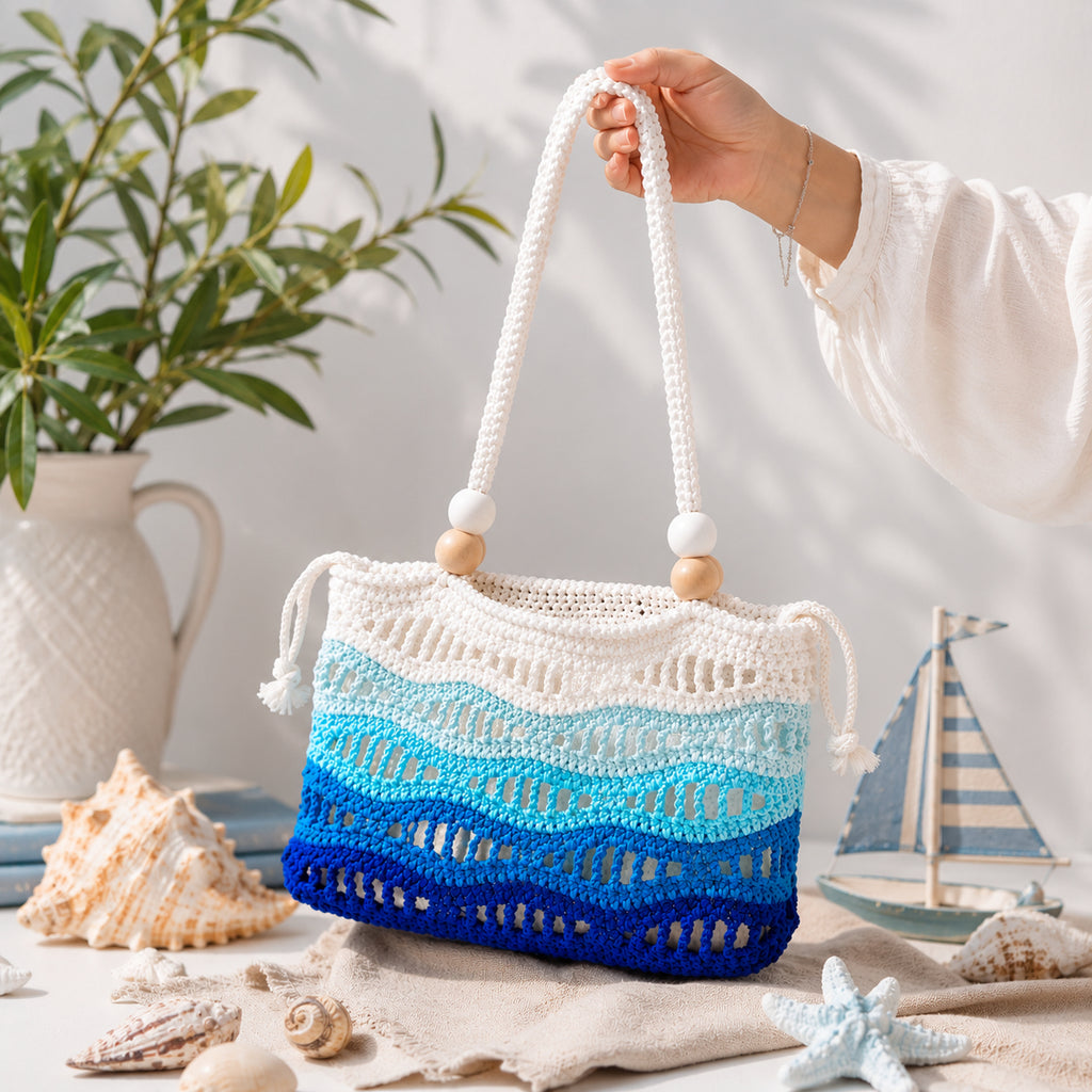 Crochet Beach Tote Bag, Blue Ombre Shoulder Bag, Beach Bag, Handmade Coastal Summer Purse Crochet09