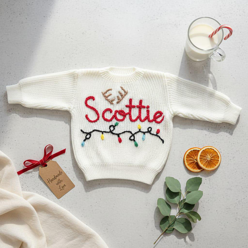 Hand Embroidered Name Sweater, Custom Knit Baby Outfit, First Birthday Gift