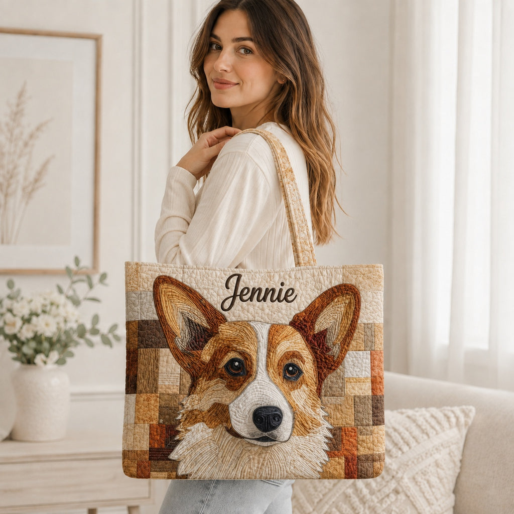 Custom Corgi Art Pattern Quilted Tote Bag, Pet Art Shoulder Bag, Pet Art Tote, Fabric Tote Bag, Gift Bag QTOTE40