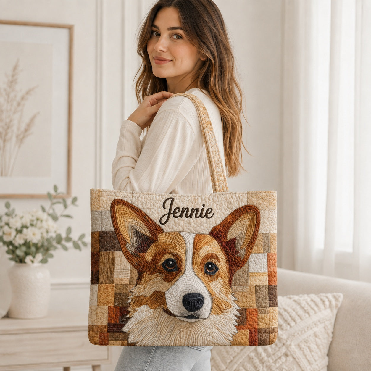Custom Corgi Art Pattern Quilted Tote Bag, Pet Art Shoulder Bag, Pet Art Tote, Fabric Tote Bag, Gift Bag QTOTE40