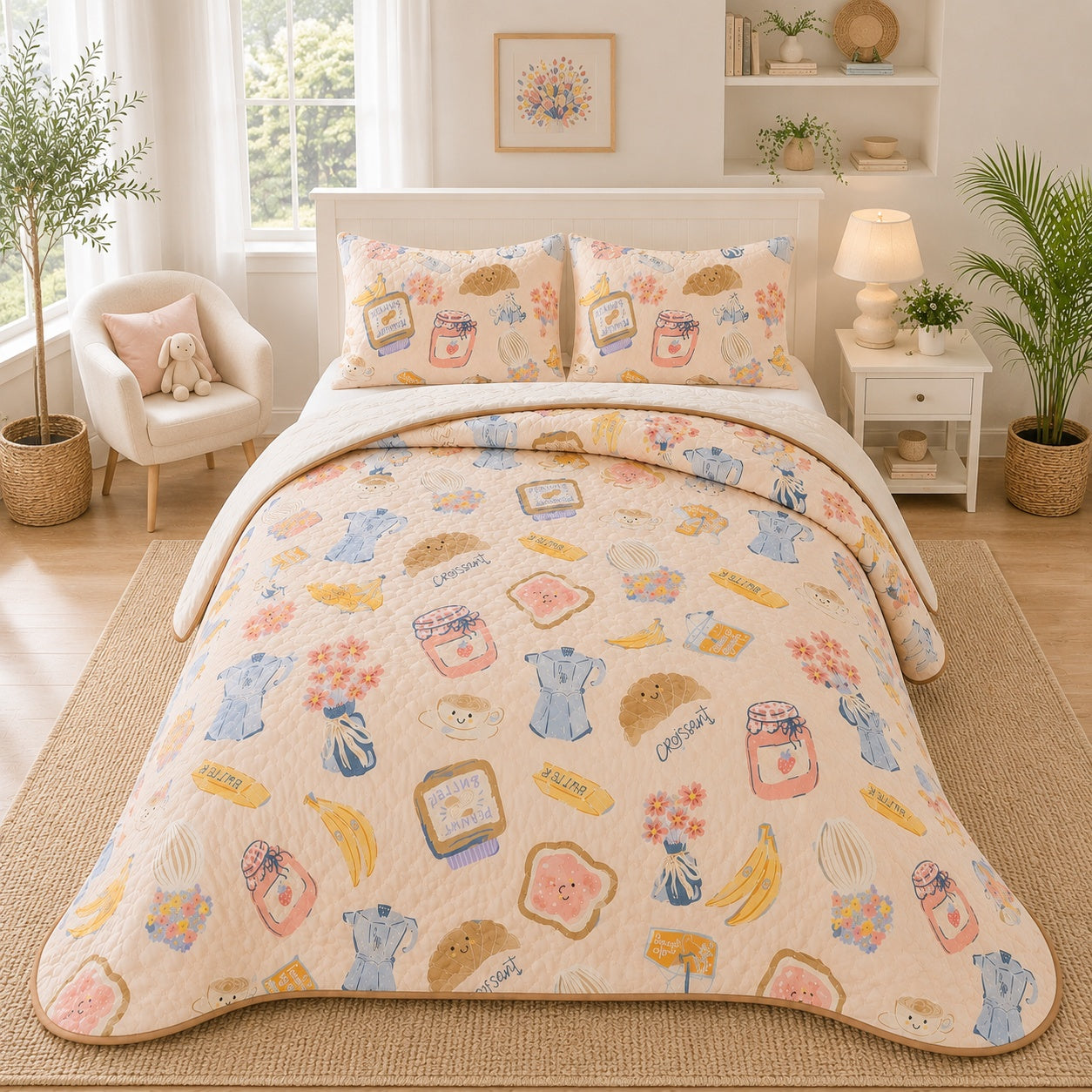 Cozy Breakfast Quilted Bedding Set, Cute Croissant Coffee & Kitchen Quilt Set with Pillow Covers, Cottagecore Bedding QBEDSET14