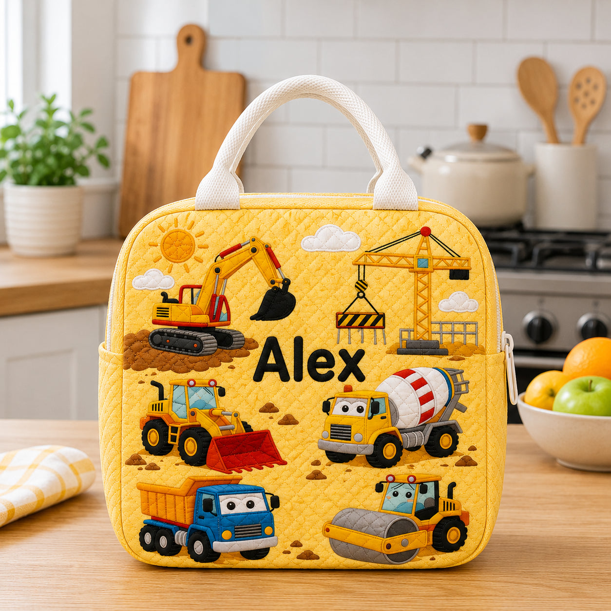 Construction Truck Quilted Lunch Bag, Insulated Quilted Lunch Tote, Excavator & Dump Truck Lunch Bag, Custom Kid Lunch Bag, Back To School Bag, Picnic Bag, Reusable Lunch Tote QLB16
