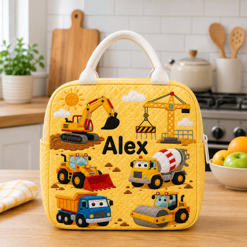 Construction Truck Quilted Lunch Bag, Insulated Quilted Lunch Tote, Excavator & Dump Truck Lunch Bag, Custom Kid Lunch Bag, Back To School Bag, Picnic Bag, Reusable Lunch Tote QLB16