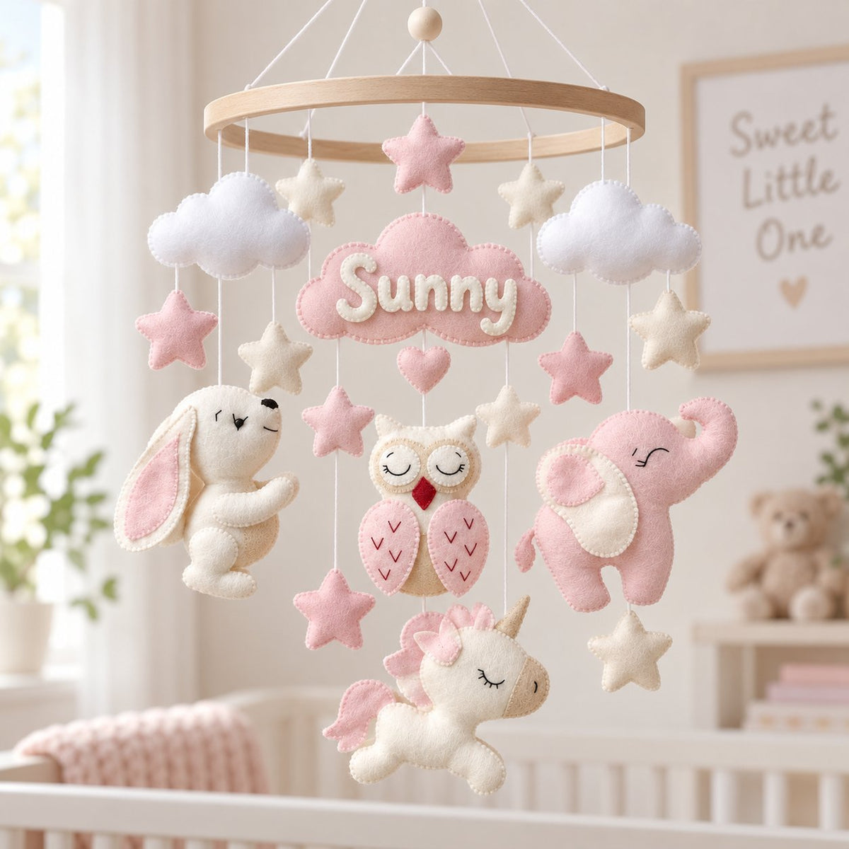 Pink Animals Baby Mobile, Handmade Felt Crib Mobile with Rocking Horse Carousel Theme, Princess Nursery Decor, Baby Girl Room Gift BBMB33