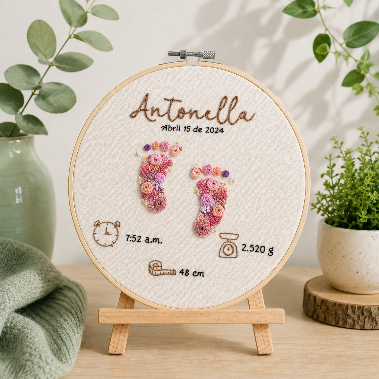 Personalized Baby Birth Stats Embroidery Hoop, Hand Embroidered Floral Baby Footprints, Custom Newborn Keepsake, Nursery Wall Art, Baby Gift EM14